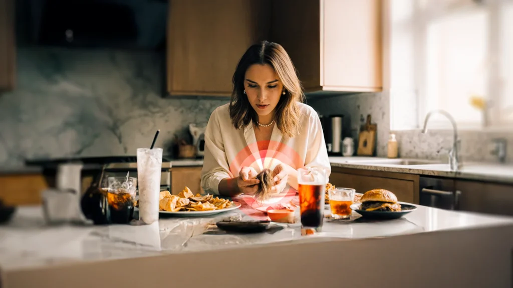 Woman eating healthy salad at dining table, illustrating nutrition’s impact on hair health