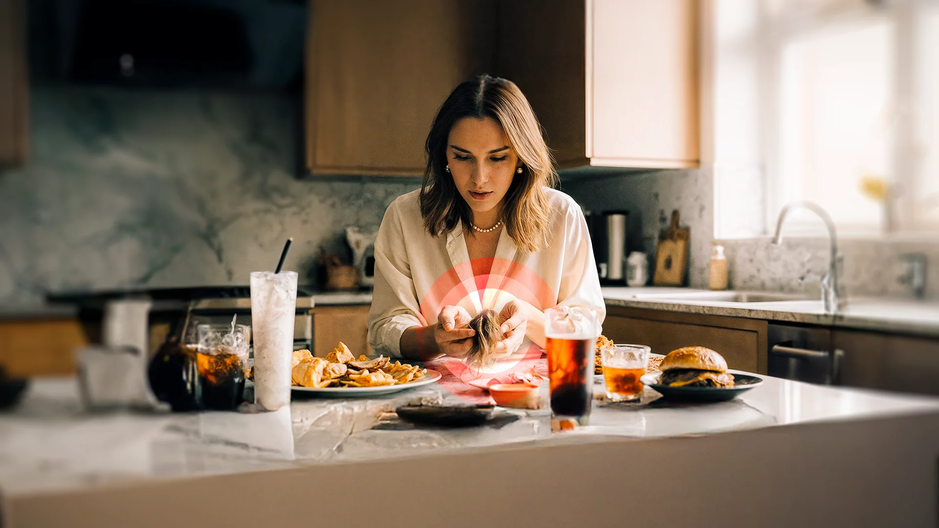 Woman eating healthy salad at dining table, illustrating nutrition’s impact on hair health