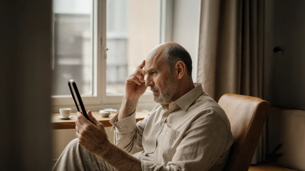 Mature man examining his hairline in the mirror before considering hair transplant