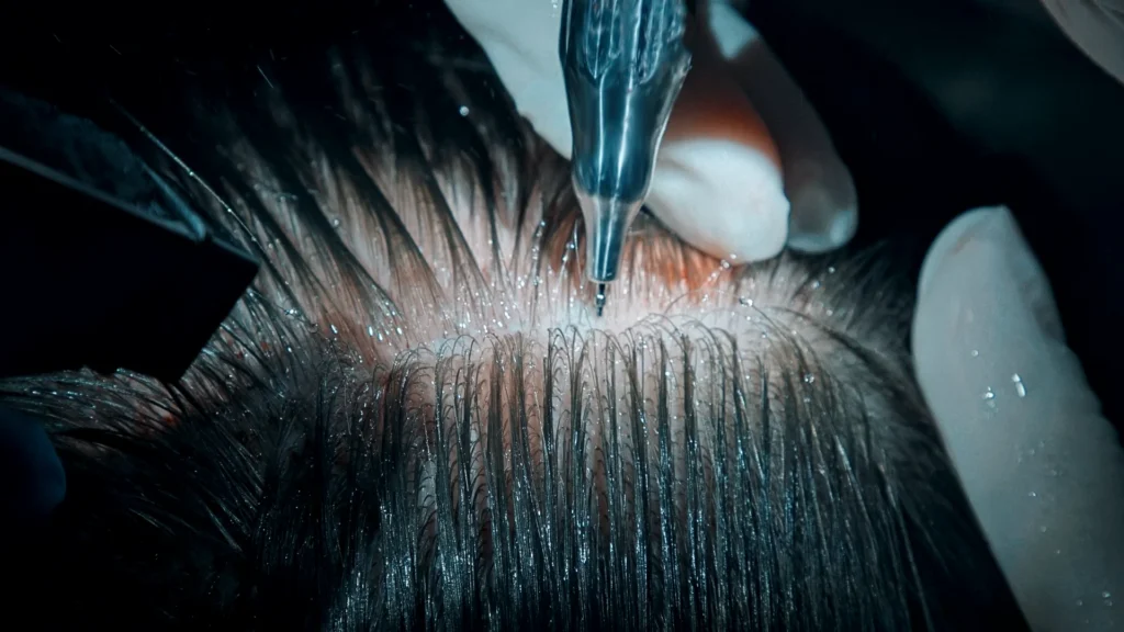 Close-up trichoscopy image showing hair follicles on scalp