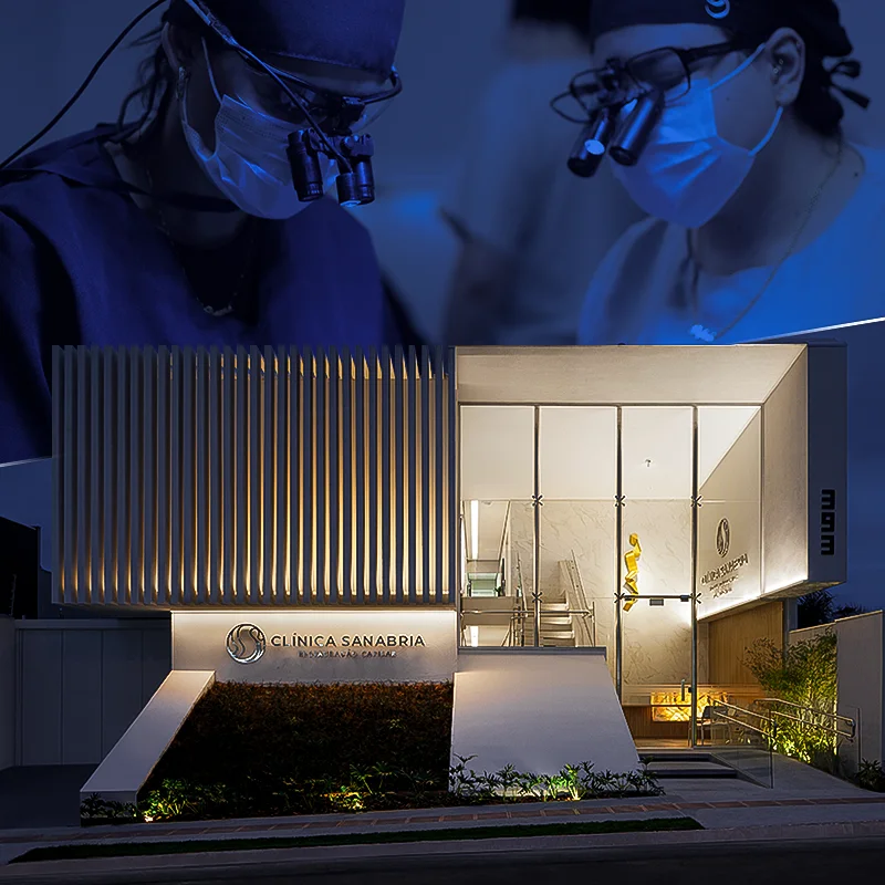 Sanabria Aesthetics clinic exterior at night and surgical team performing hair restoration