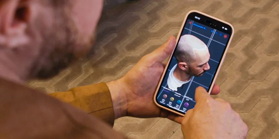 Surgeon preparing follicular grafts during High-Count No-Shave FUE procedure